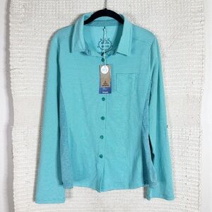 PRANA teal blue button front Kinley long sleeve outdoors top L NEW